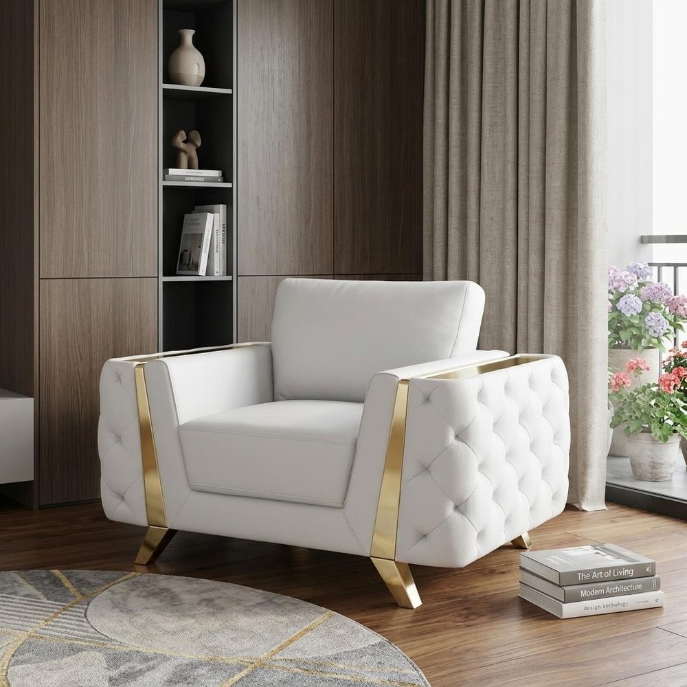 50" White And Gold Genuine Leather Club Chair HomeRoots