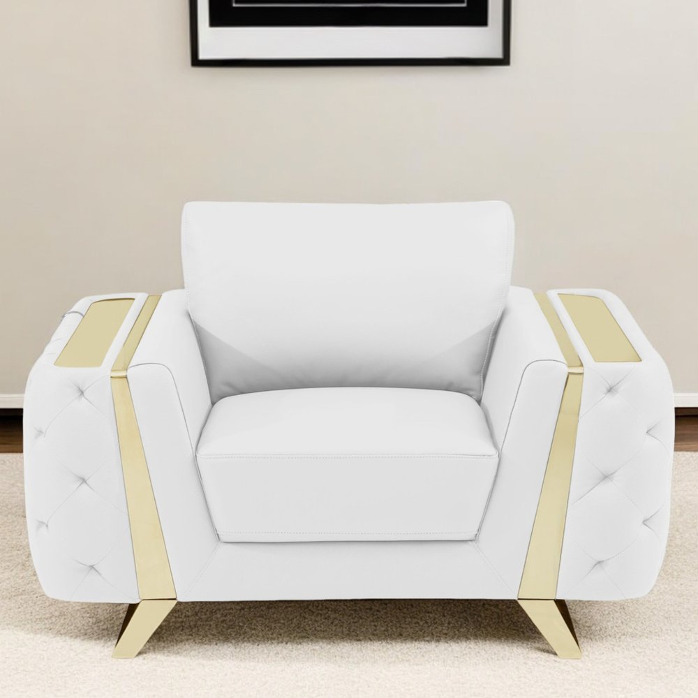 50" White And Gold Genuine Leather Club Chair HomeRoots