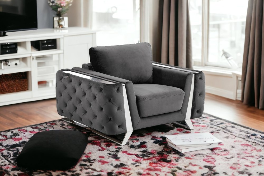 50" Dark Gray And Silver Velvet Tufted Club Chair HomeRoots