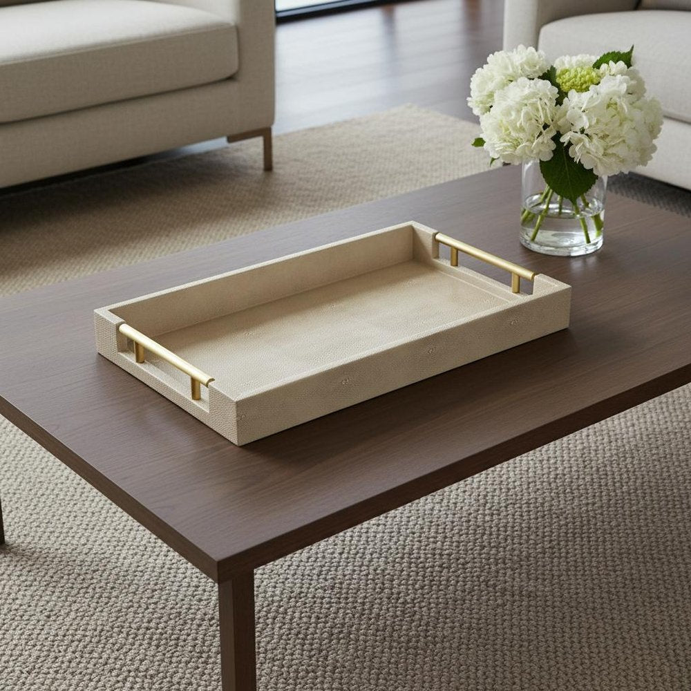 16" Cream Wood and Vinyl Faux Shagreen Serving Tray With Gold Handles HomeRoots