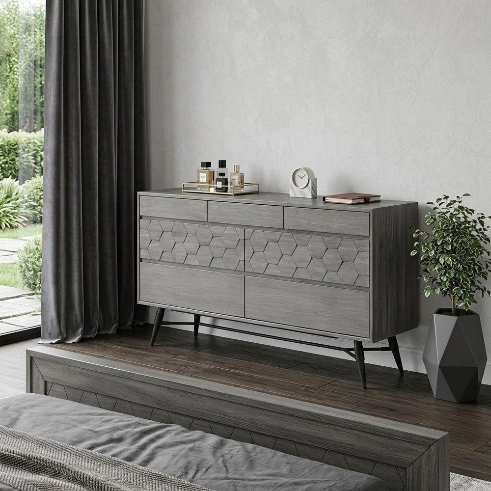 61" Gray Solid Wood Six Drawer Double Dresser HomeRoots
