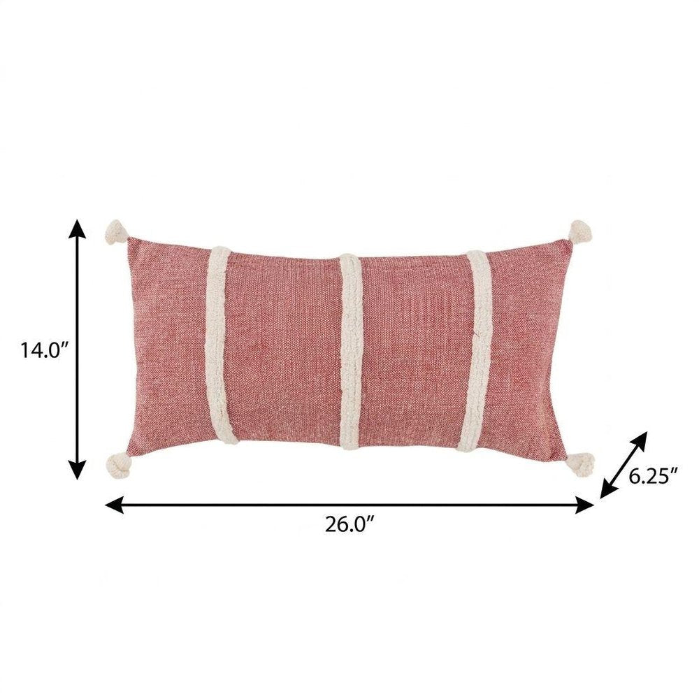 14" X 26" Red And White Lumbar Weave Cotton Throw Pillow with Tassels