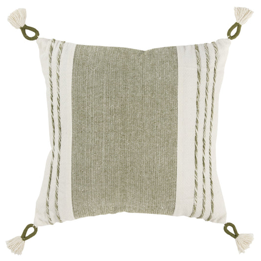 20" Green and White Color Block Cotton Throw Pillow With Tassels FurniFindUSA