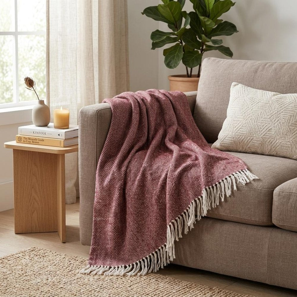 50" X 60" Brick Red And White Chevron Cotton Throw Blanket with Fringe HomeRoots