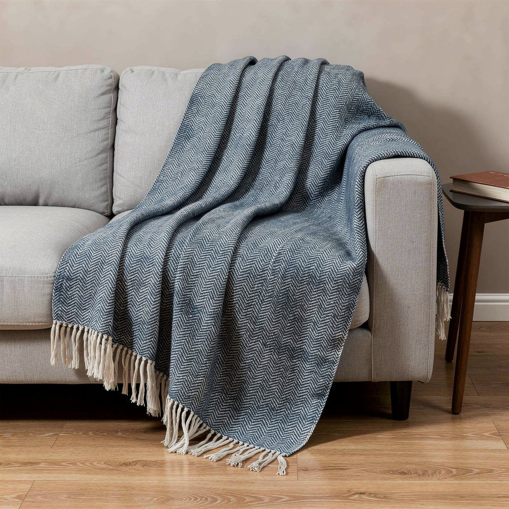 50" X 60" Navy Blue And White Chevron Cotton Throw Blanket with Fringe HomeRoots