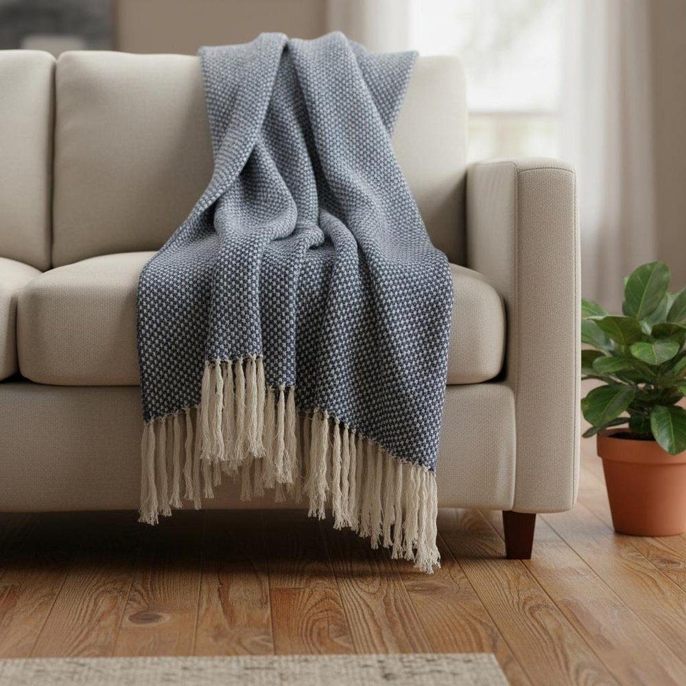 50" X 60" Navy and Ivory Woven Cotton Polka Dots Throw Blanket with Tassels HomeRoots