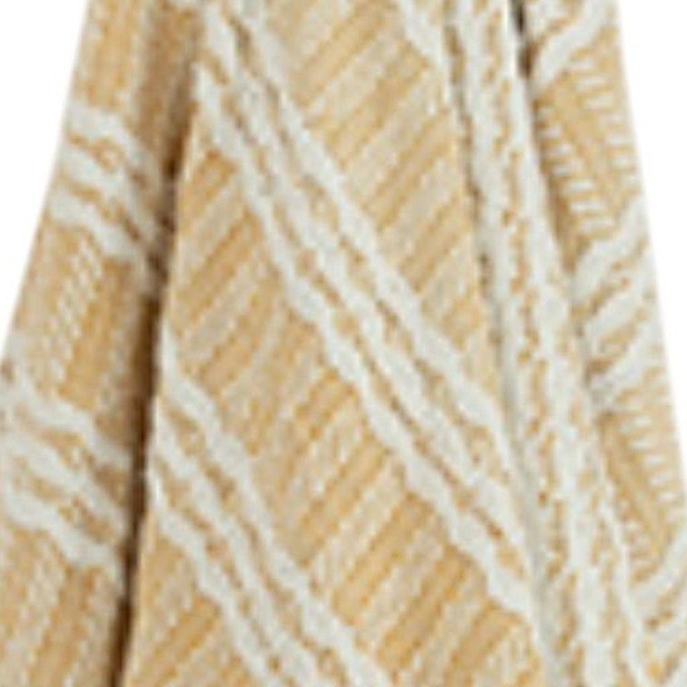 50" X 60" Gold And Ivory Striped Cotton Throw Blanket with Fringe HomeRoots