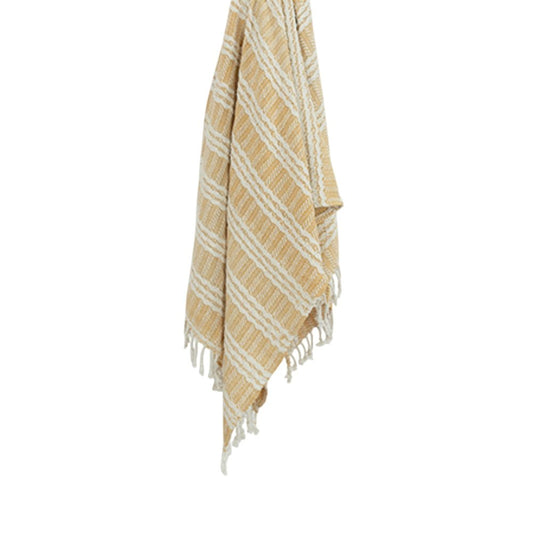 50" X 60" Gold And Ivory Striped Cotton Throw Blanket with Fringe HomeRoots