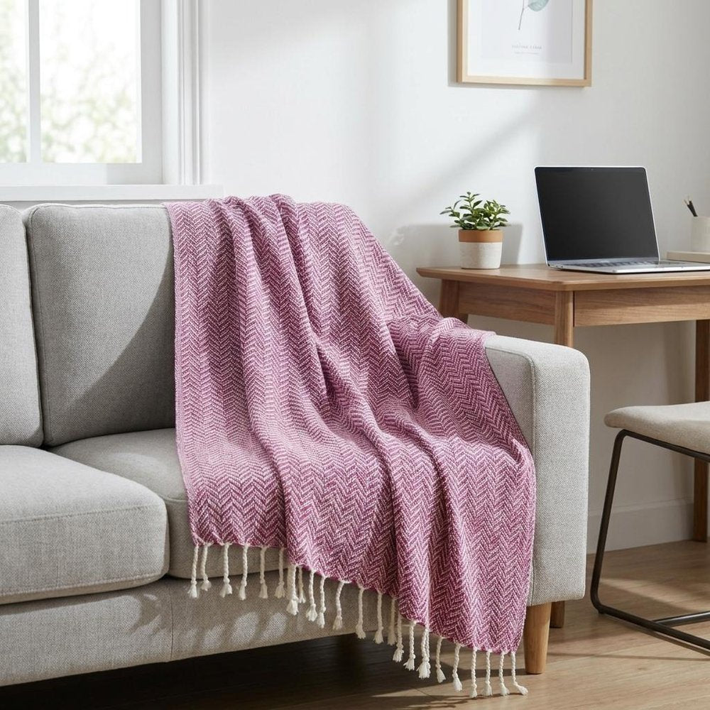 50" X 60" Hot Pink Cotton Woven Chevron Throw Blanket with Fringe HomeRoots