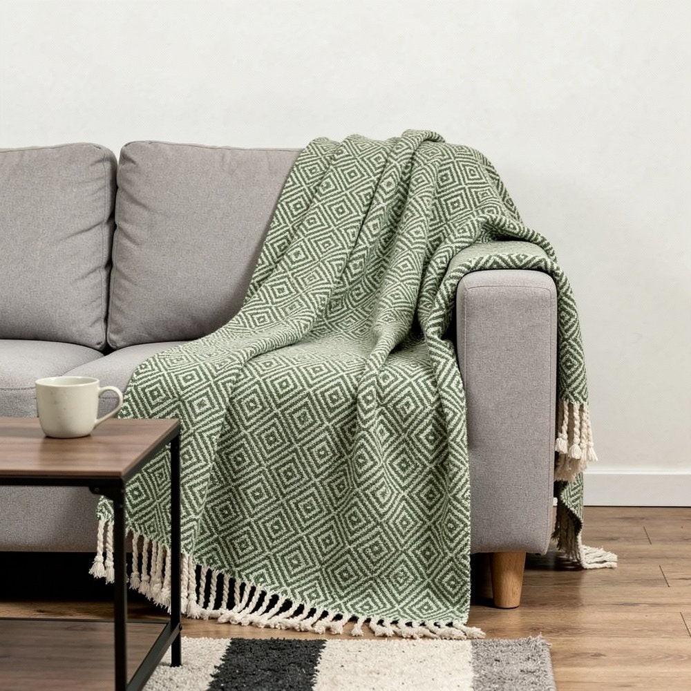 50" X 60" Green Cotton Woven Geometric Throw Blanket with Fringe HomeRoots