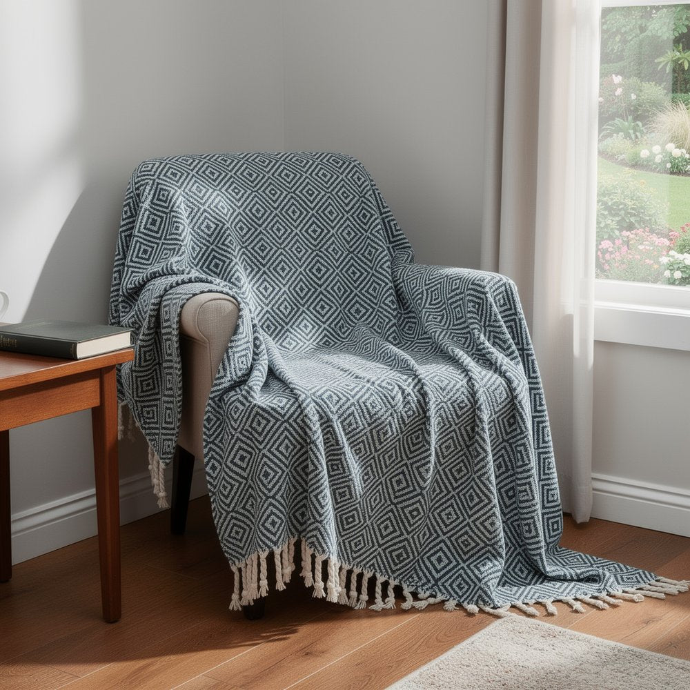 50" X 60" Navy Blue Cotton Woven Geometric Throw Blanket with Fringe HomeRoots