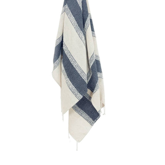 50" X 60" Blue And Ivory Cotton Woven Striped Throw Blanket with Fringe HomeRoots