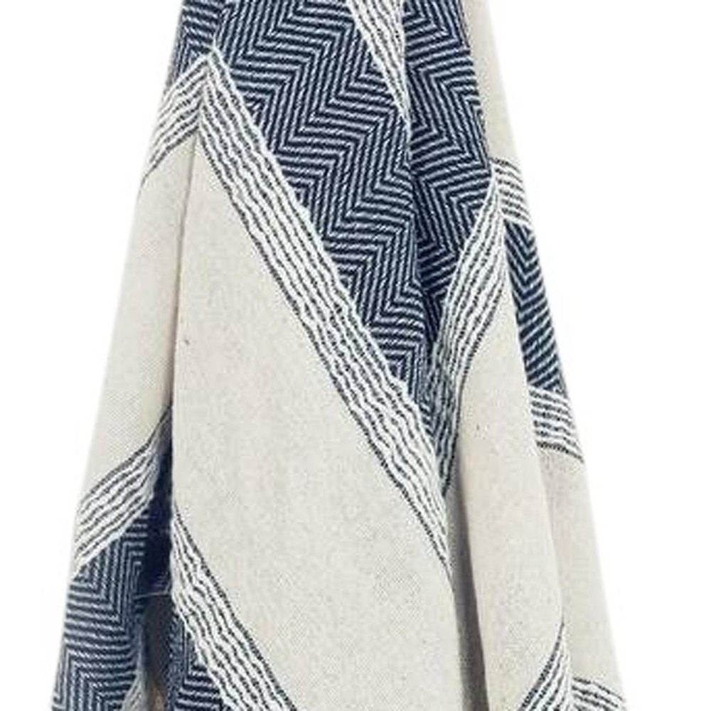 50" X 60" Blue And Ivory Cotton Woven Striped Throw Blanket with Fringe HomeRoots