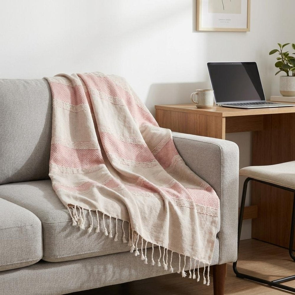 50" X 60" Beige And Pink Cotton Woven Striped Throw Blanket with Fringe HomeRoots