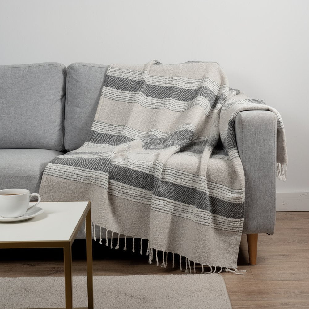 50" X 60" Gray Cotton Woven Striped Throw Blanket with Fringe HomeRoots