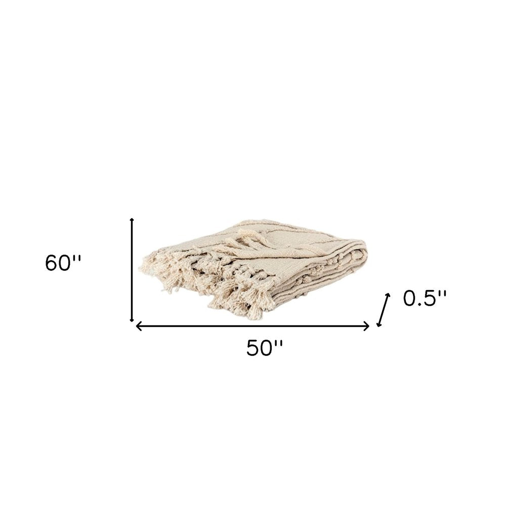 50" X 60" Natural Cotton Woven Floral Throw Blanket with Tassels and Fringe HomeRoots