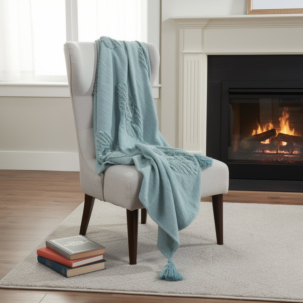 50" X 60" Teal And Blue Cotton Woven Ikat Throw Blanket with Fringe HomeRoots