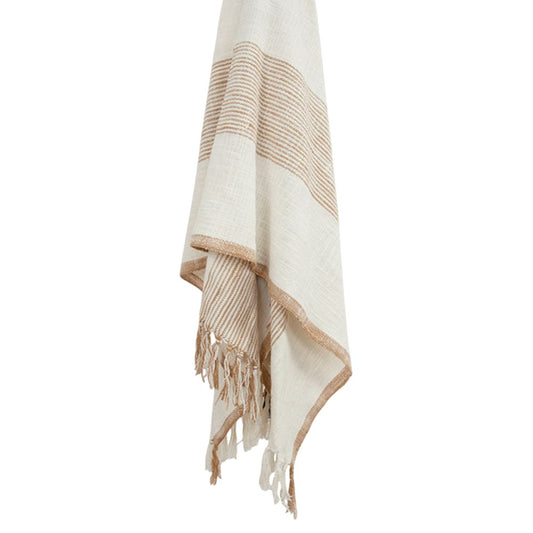 50" X 60" Ivory Cotton Woven Striped Throw Blanket with Fringe HomeRoots