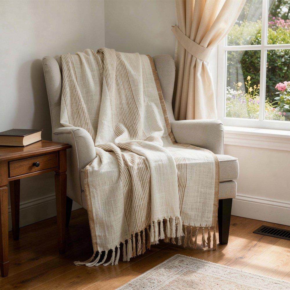 50" X 60" Ivory Cotton Woven Striped Throw Blanket with Fringe HomeRoots