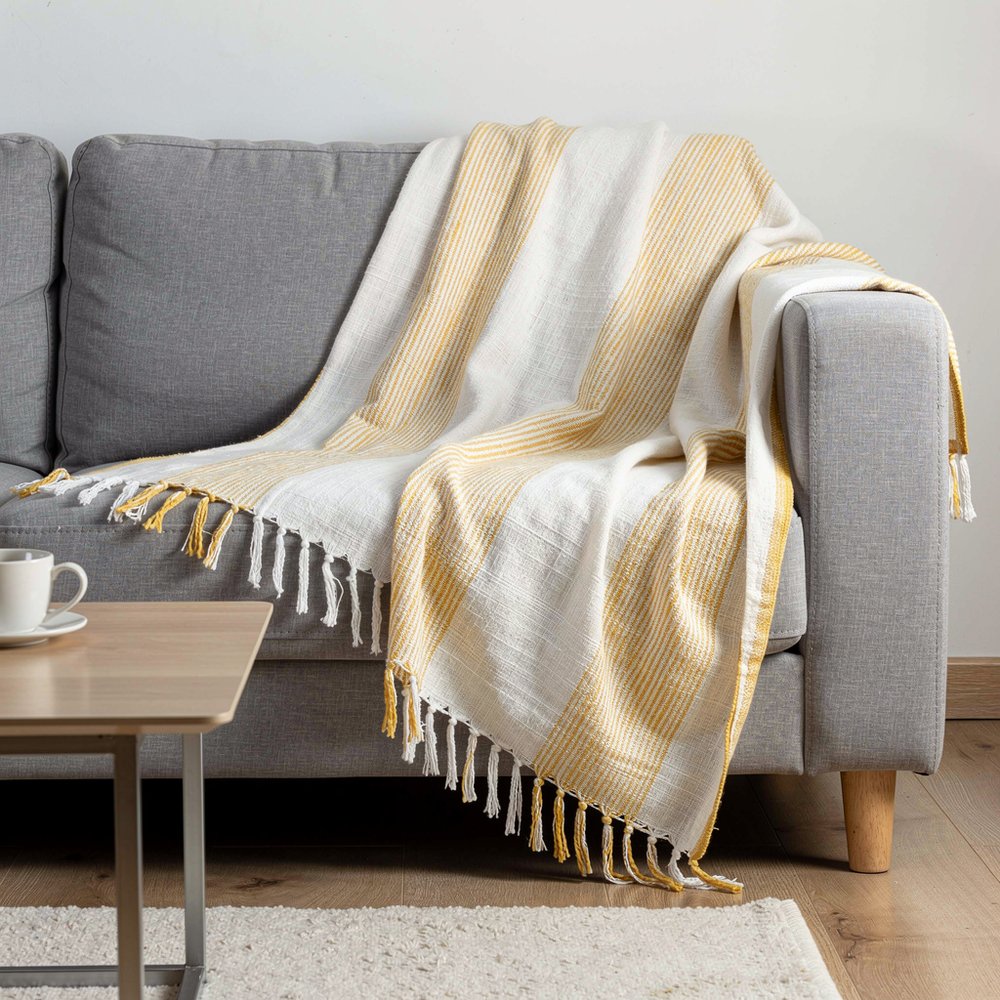 50" X 60" Yellow And Ivory Cotton Woven Striped Throw Blanket with Fringe HomeRoots