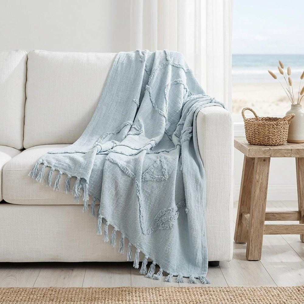50" X 60" Light Blue Cotton Woven Throw Blanket with Tassels And Fringe HomeRoots