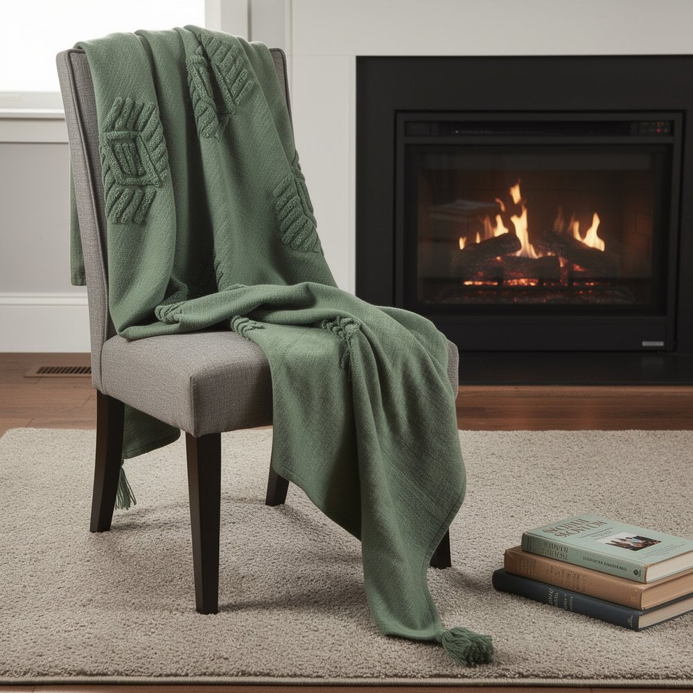 50" X 60" Green Cotton Woven Ikat Throw Blanket with Tassels HomeRoots