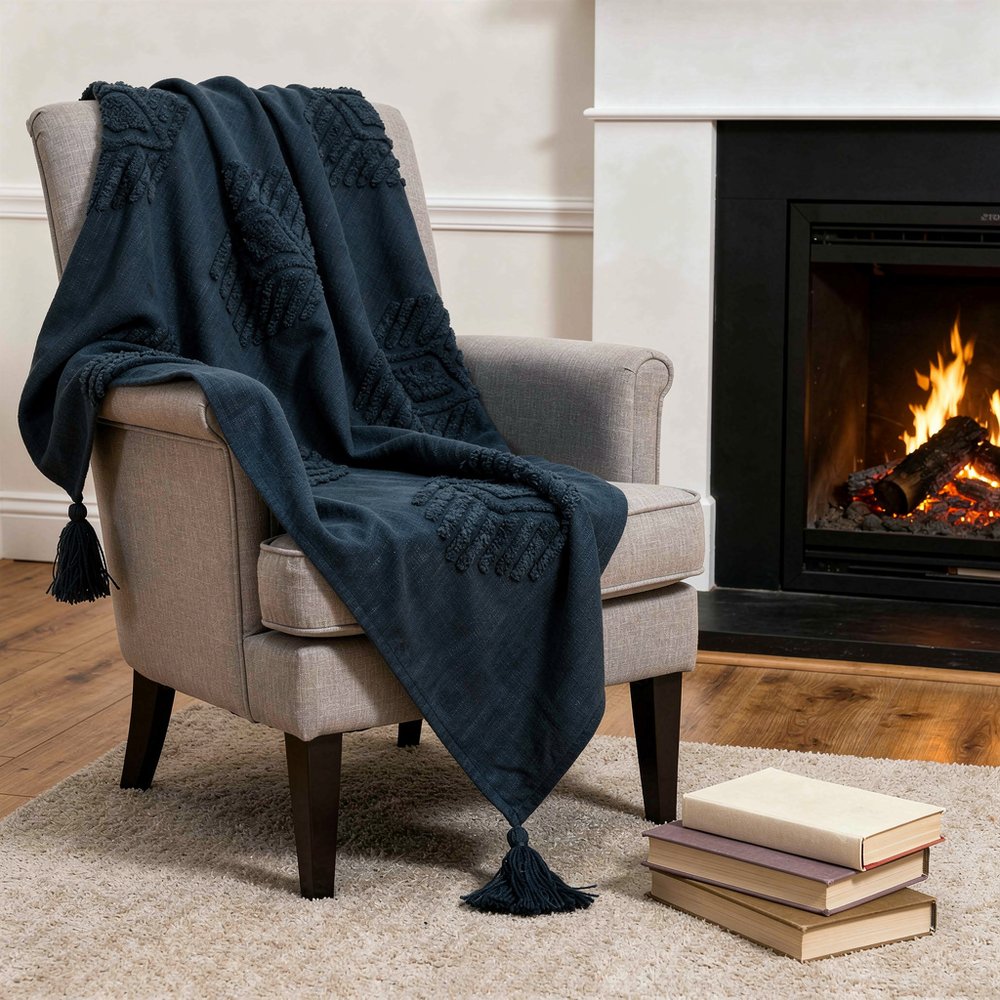 50" X 60" Blue Cotton Woven Ikat Throw Blanket with Tassels HomeRoots