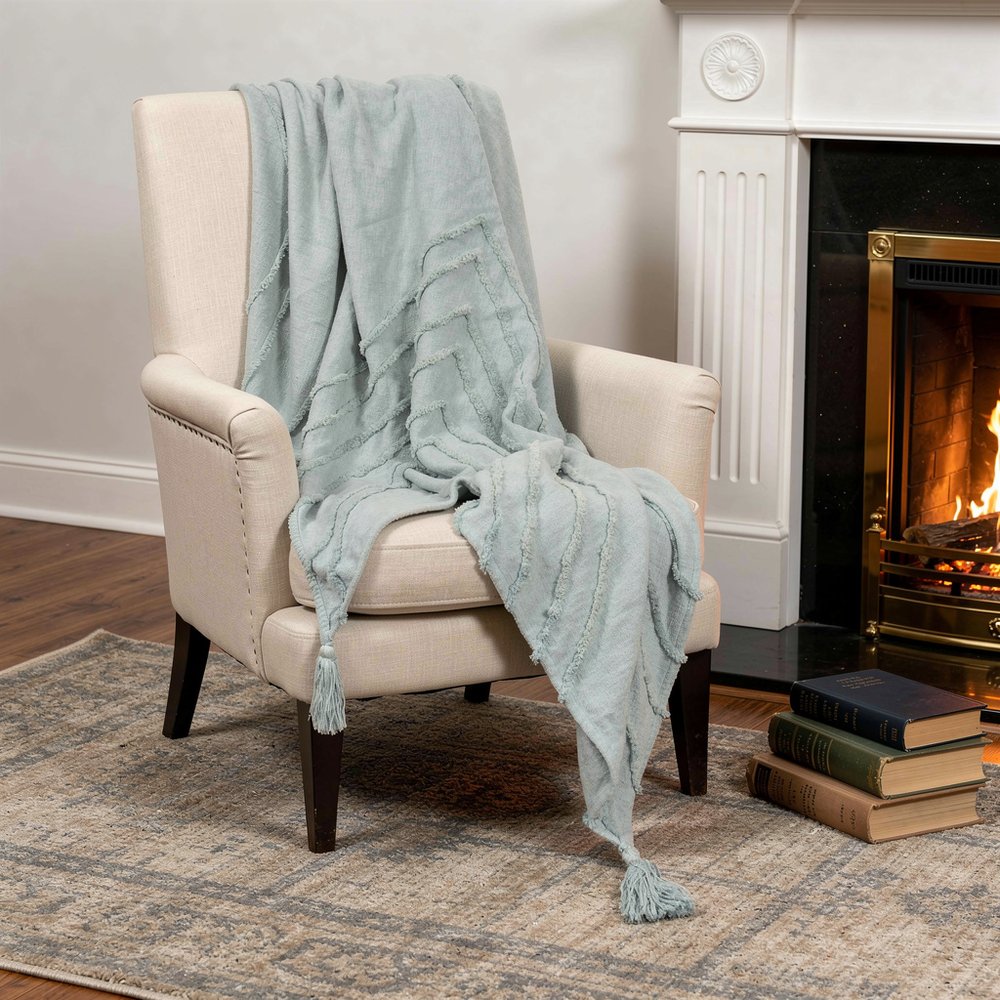 50" X 60" Aqua Cotton Woven Geometric Throw Blanket with Tassels HomeRoots