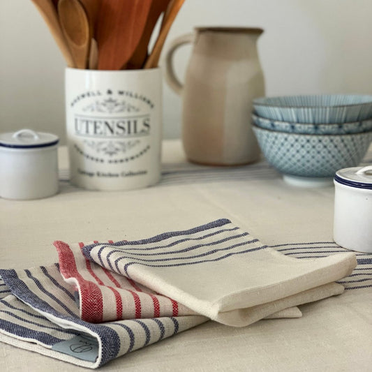 71" x 95" Cream And Blue Striped Cotton Tablecloth And Napkins Set HomeRoots