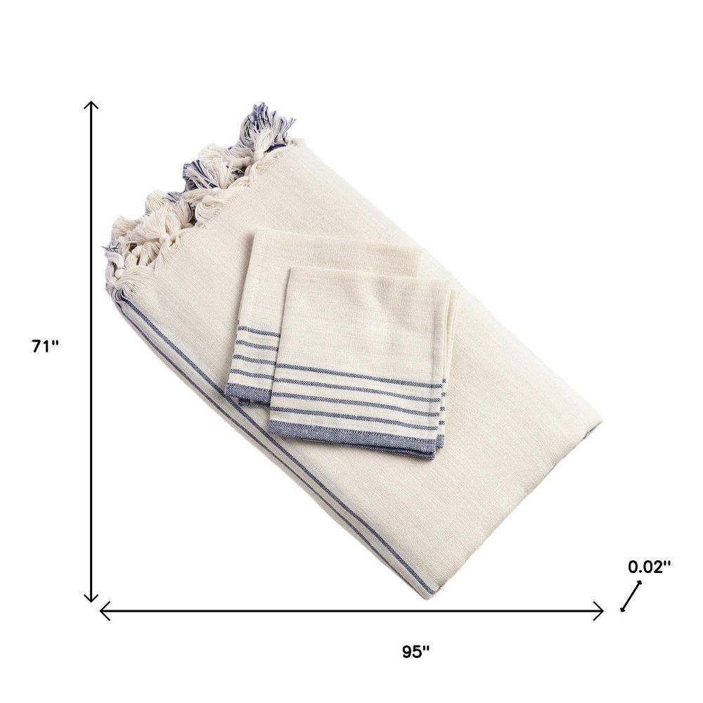 71" x 95" Cream And Blue Striped Cotton Tablecloth And Napkins Set HomeRoots