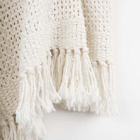 50" X 60" White Cotton Knitted Throw Blanket with Fringe HomeRoots