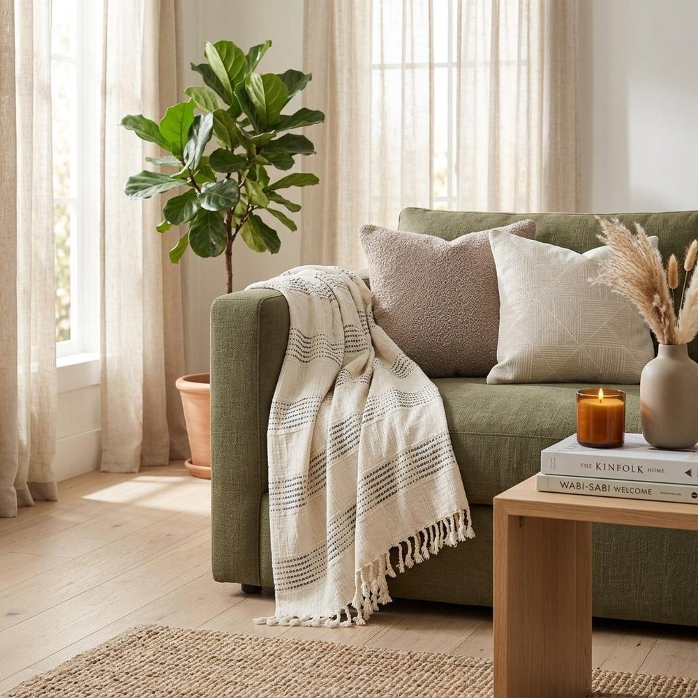 Beige and Gray Woven Cotton Throw Blanket with Fringe HomeRoots