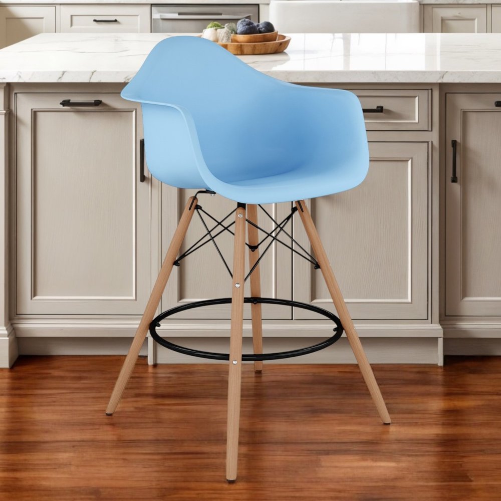 28" Light Blue And Brown Heavy Duty Plastic And Solid Wood Low Back Counter Height Bar Chair HomeRoots