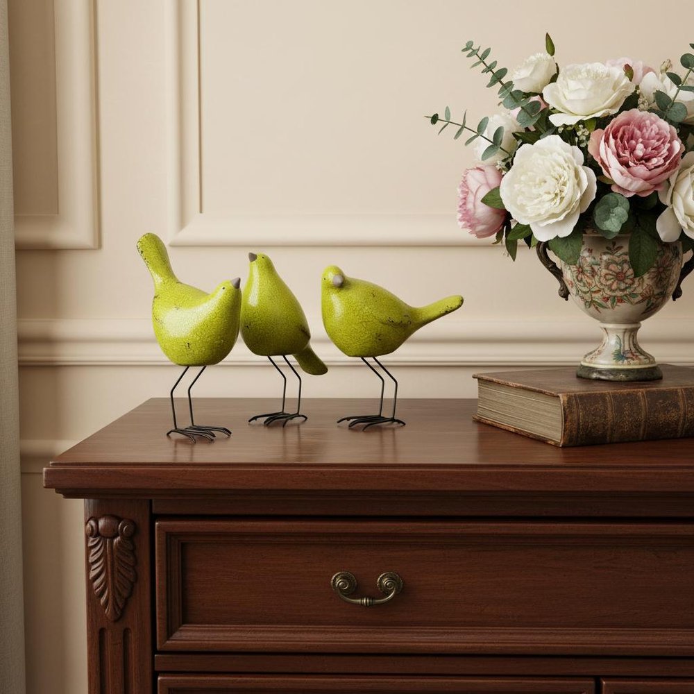 Set of Three Lemongrass Green Polyresin and Metal Bird Sculptures HomeRoots