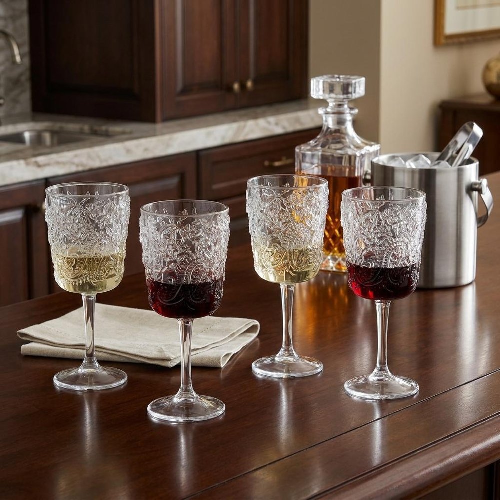 Set of Four Clear Paisley Acrylic Stemmed All Purpose Wine Glass HomeRoots
