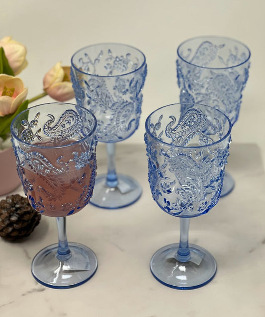 Set of Four Blue Paisley Acrylic Stemmed All Purpose Wine Glass HomeRoots