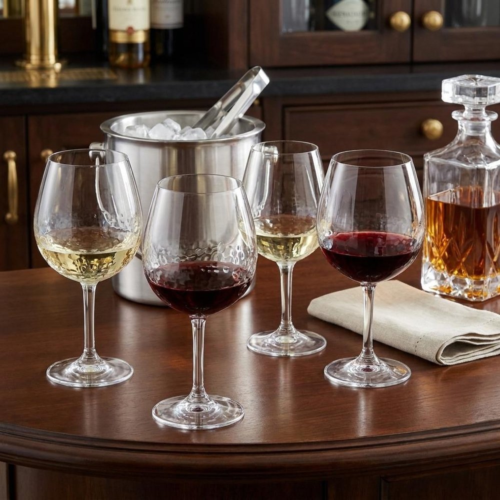Set of Four Clear Dimpled Tritan Plastic Balloon or Round Bowl Stemmed All Purpose Wine Glasses HomeRoots