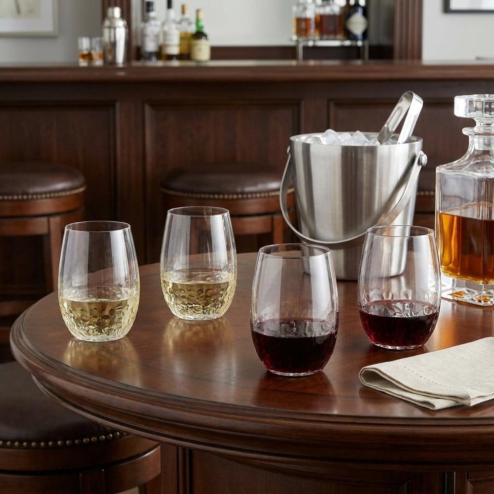 Set of Four Clear Dimpled Tritan Plastic Stemless All Purpose Tumbler Wine Glasses HomeRoots