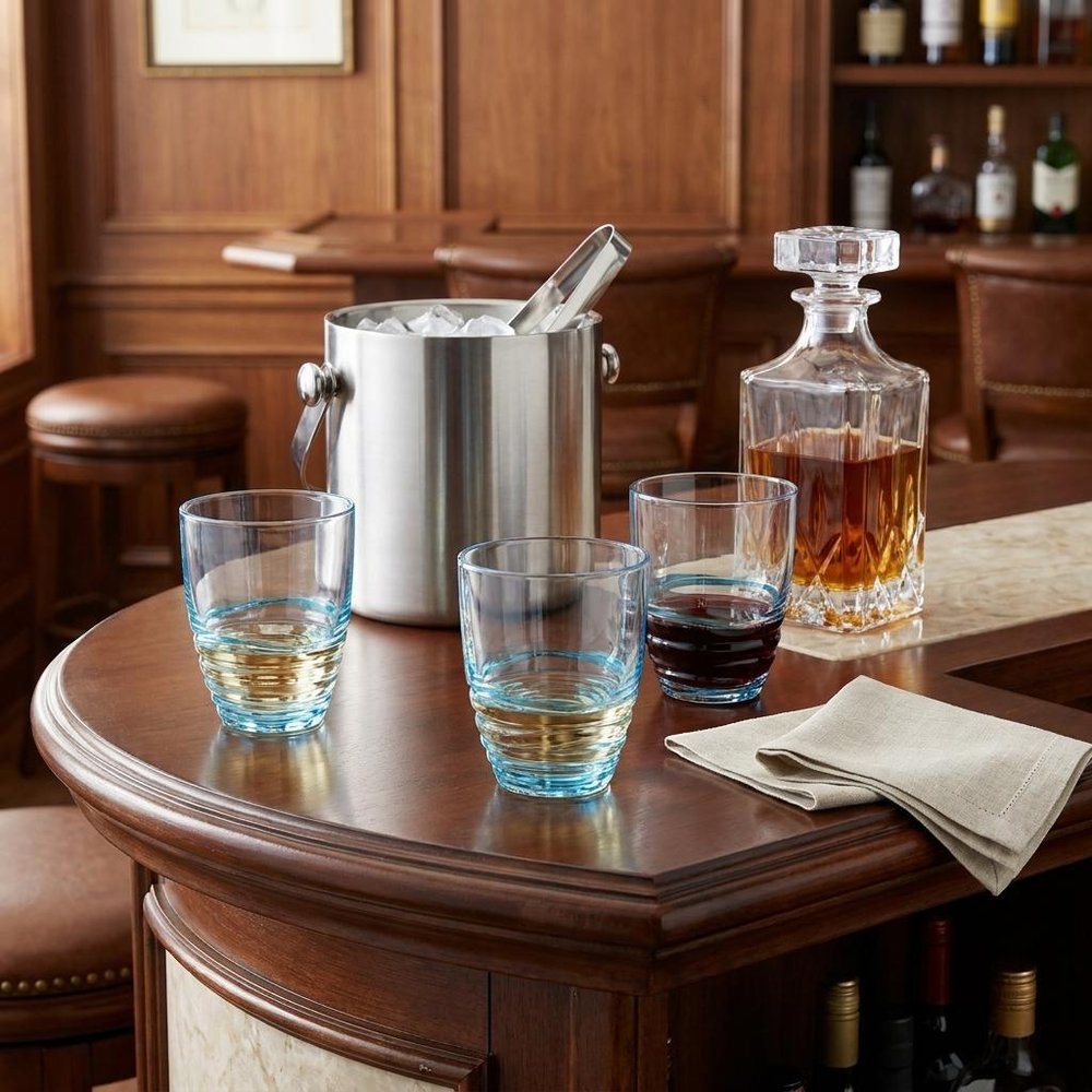 Set of Four Clear and Blue Acrylic Stemless Whiskey Glasses HomeRoots