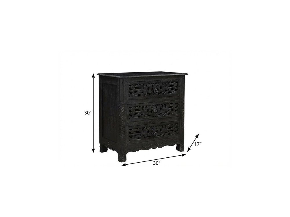 30" Black Solid Wood Distressed Three Drawer Nightstand HomeRoots