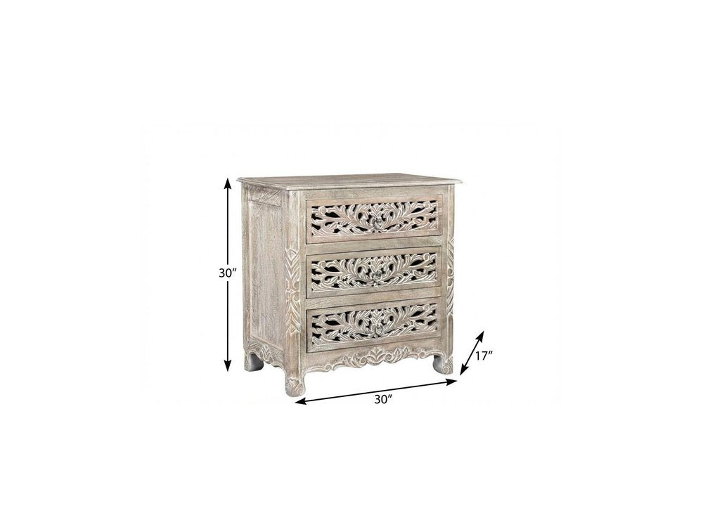 30" Distressed Gray Three Drawer Floral Carved Solid Wood Nightstand HomeRoots