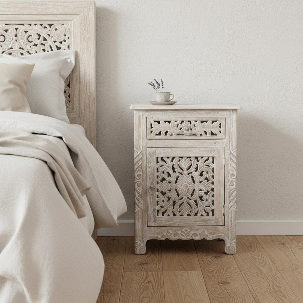 30" Distressed White One Drawer Carved Floral Solid Wood Nightstand HomeRoots