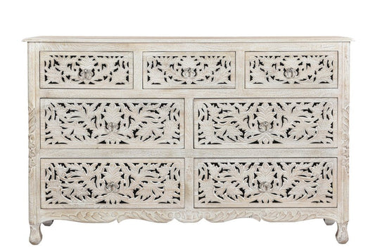 57" White Carved Floral Solid Wood Seven Drawer Double Dresser