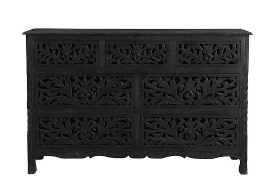 57" Black Carved Floral Solid Wood Seven Drawer Double Dresser