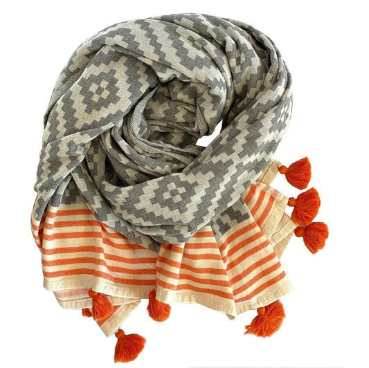 39" X 71" Gray and Orange Cotton Geometric Turkish Towel Throw Blanket with Tassels HomeRoots