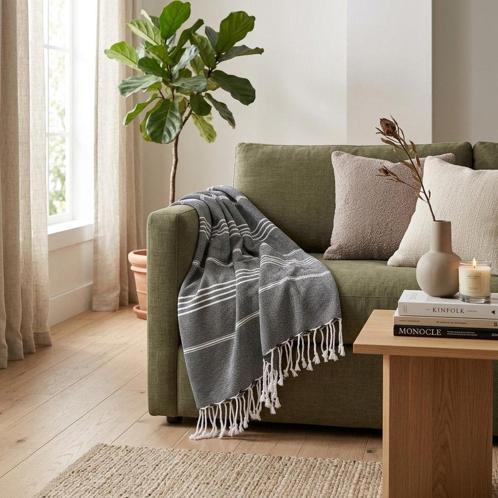 39" X 71" White and Black Cotton Turkish Towel Throw Blanket with Tassels HomeRoots