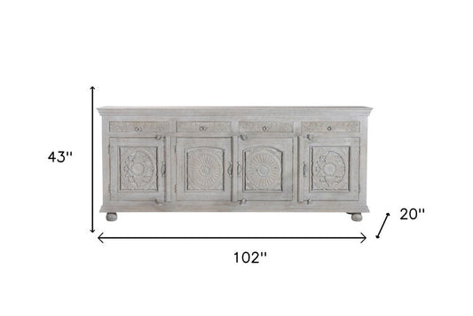 102" Gray Distressed Solid Wood Carved Floral Four Drawer Sideboard With Four Doors