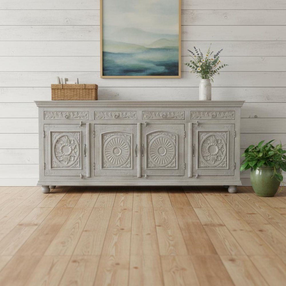 102" Gray Distressed Solid Wood Carved Floral Four Drawer Sideboard With Four Doors HomeRoots