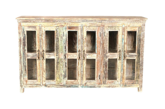 71" Brown And White Distressed Reclaimed Wood Paneled Sideboard With Six Glass Doors