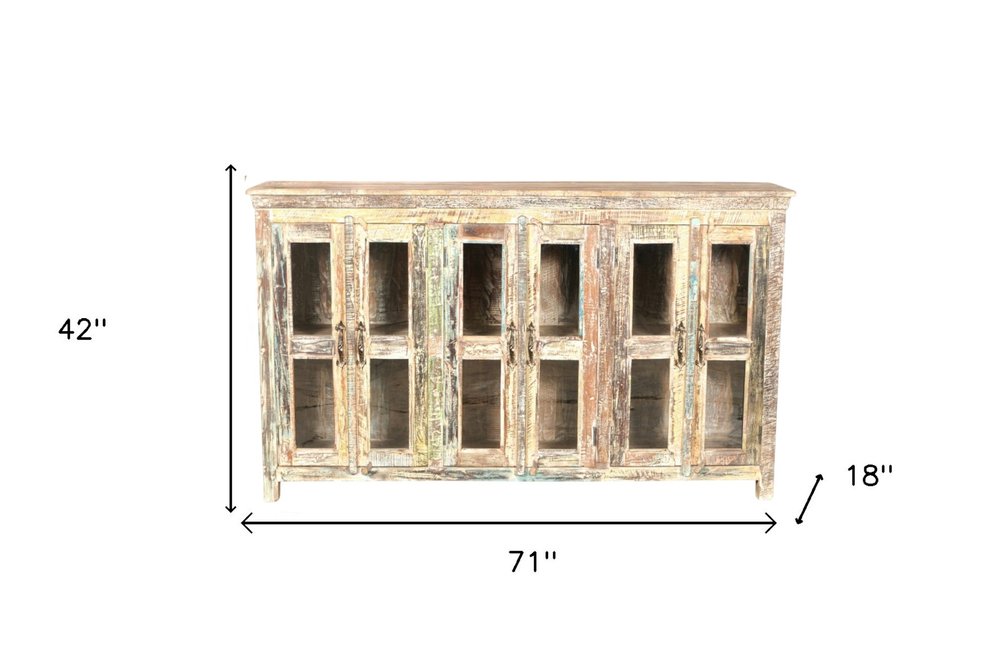 71" Brown And White Distressed Reclaimed Wood Paneled Sideboard With Six Glass Doors HomeRoots